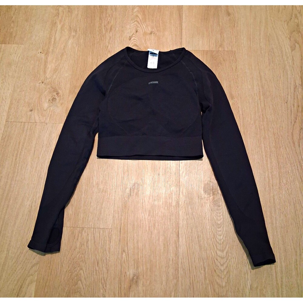Gymshark Women’s Black Cropped Long Sleeve Crew Neck Stretch Knit Top M